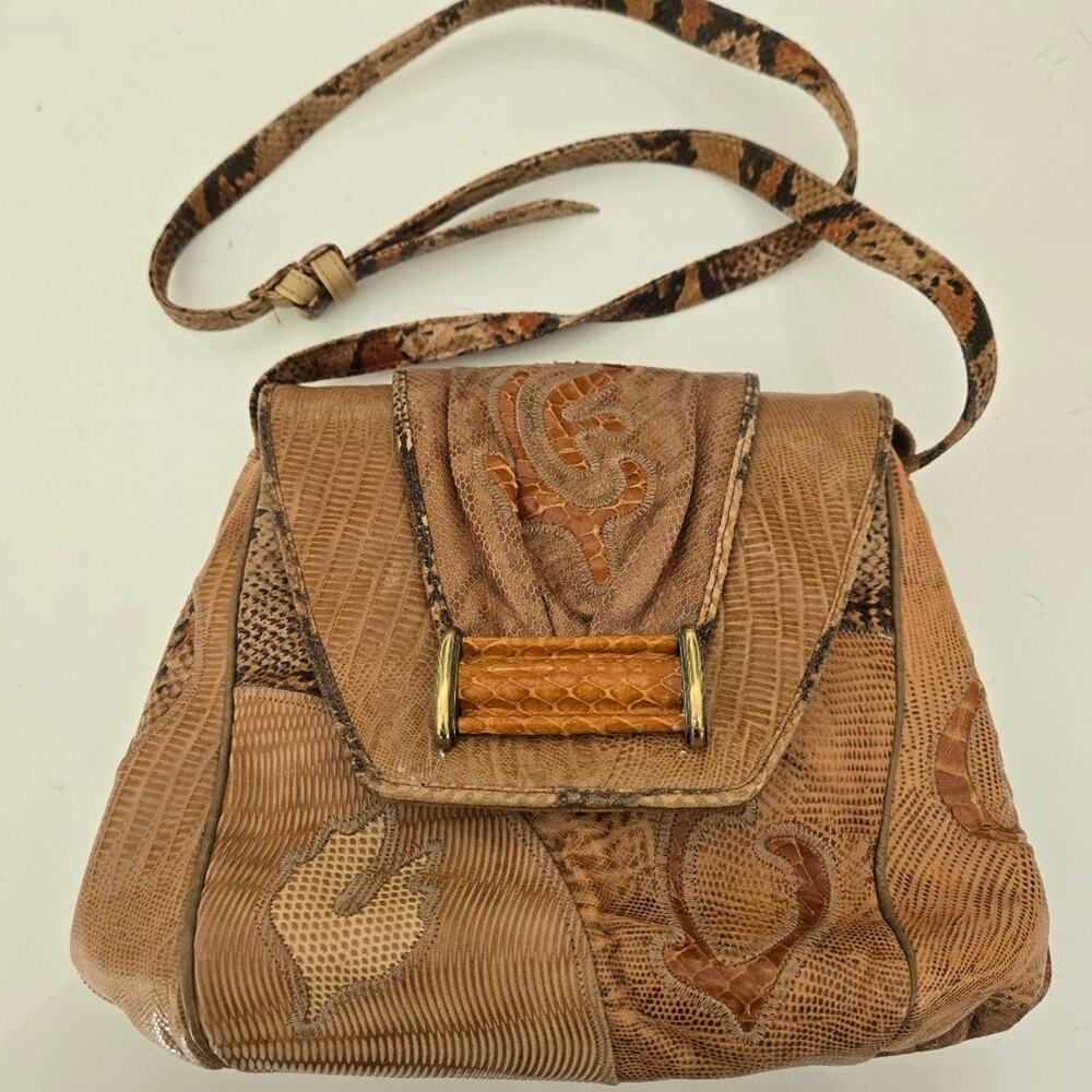 Vintage Sharif Patchwork Leather Crossbody Bag Boho Maximalist Reptile Embossed